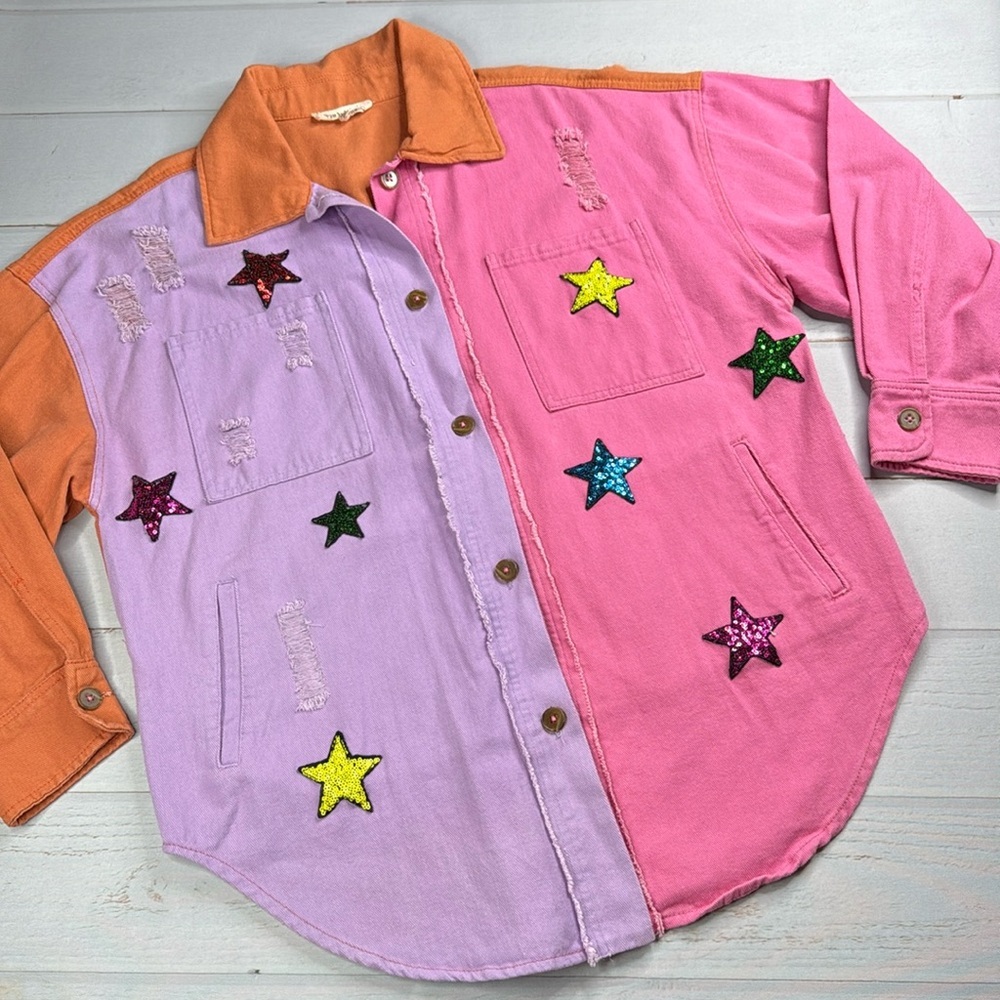 Peach Love California Color Block Sequin Star Patch Shacket Size Small